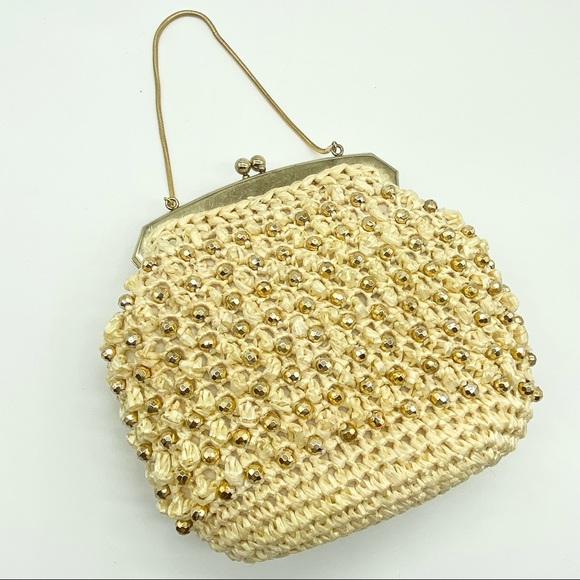 Vintage Handbags - Vintage 1950’s Gold Beaded Raffia Purse